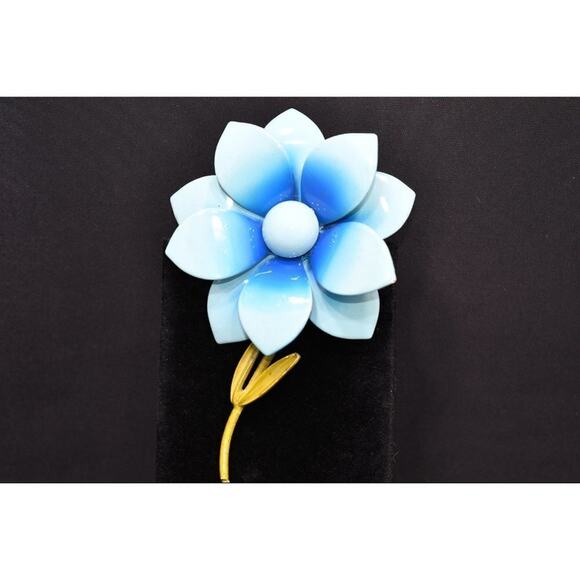 Vintage Blue Enamel Metal Flower Green Stem Brooch, 1960s, 3 3/4 Inches - Picture 3 of 10